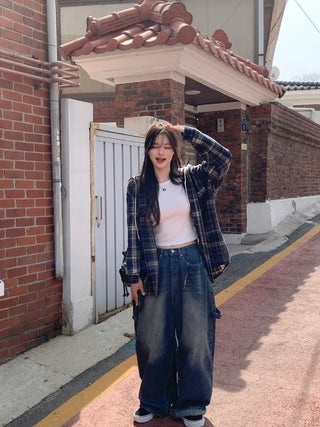 Loose-fit checked hooded shirt