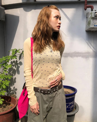 Boat neck polka dot ribbed long T-shirt