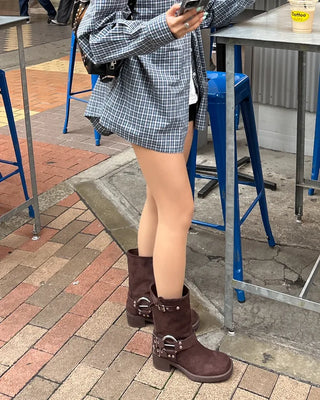 Double-belt round harness mid-calf boots