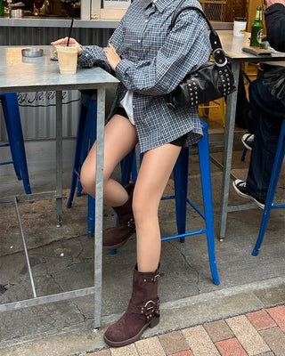 Double-belt round harness mid-calf boots