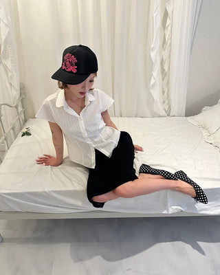 Flower stripe flared cap sleeve blouse