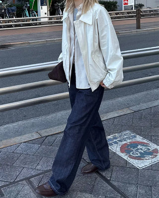 (Unisex) Two-pleat rigid denim pants