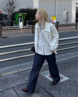 (Unisex) Two-pleat rigid denim pants