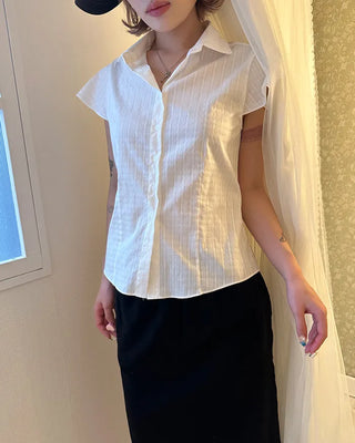 Flower stripe flared cap sleeve blouse