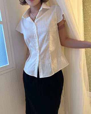 Flower stripe flared cap sleeve blouse