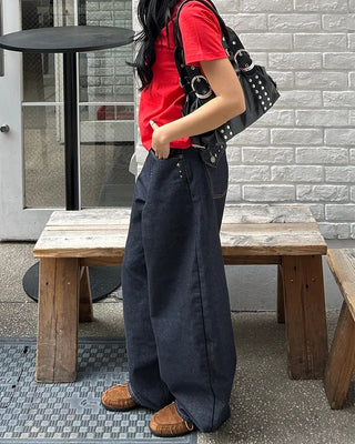 Double rivet belt leather tote bag