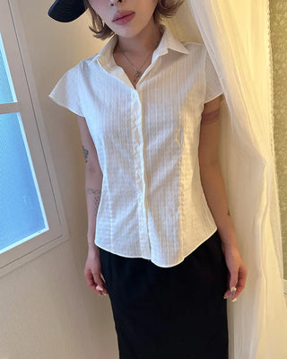Flower stripe flared cap sleeve blouse
