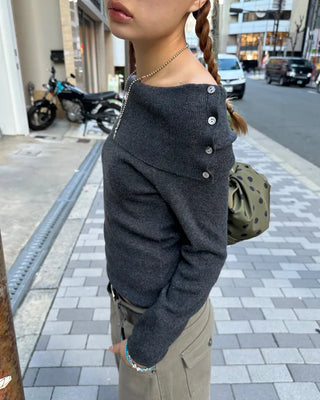 Button-wrap off-shoulder ribbed knit
