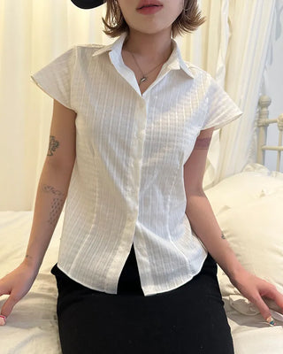Flower stripe flared cap sleeve blouse