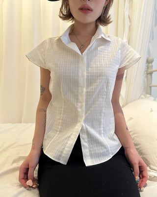 Flower stripe flared cap sleeve blouse