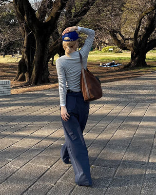 Double-pleated wide cotton pants