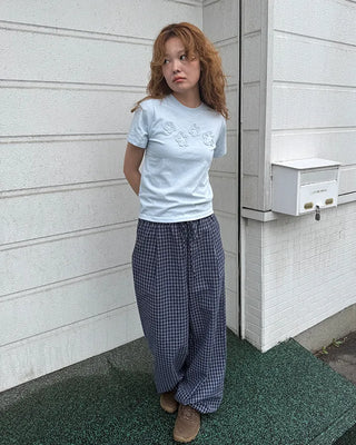 Elastic waistband checkered wide-leg pants