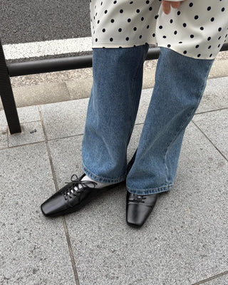 Lace-up square-toe leather flat mules