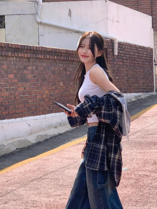 Loose-fit checked hooded shirt