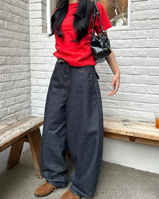 Hip studded flap pocket rigid balloon jeans