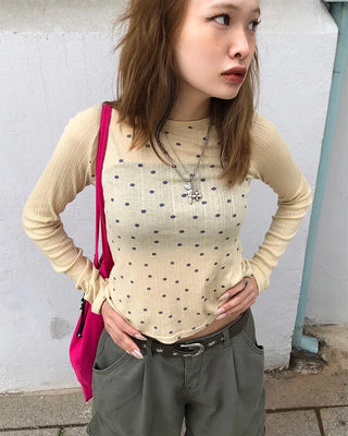 Boat neck polka dot ribbed long T-shirt