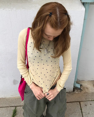 Boat neck polka dot ribbed long T-shirt