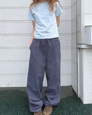 Elastic waistband checkered wide-leg pants
