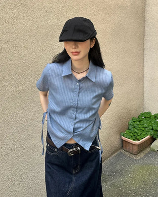 Weighted Shirring Point Short-Sleeve Crop Shirt