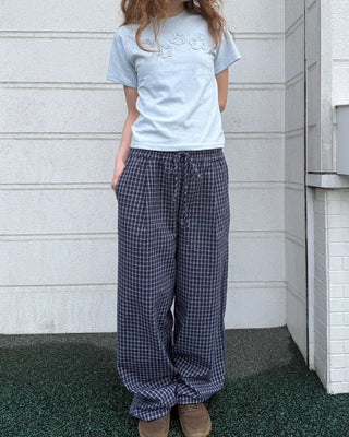 Elastic waistband checkered wide-leg pants