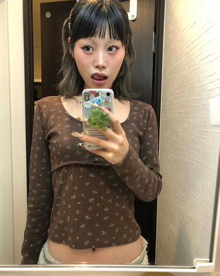 Henry Scooped Neck Flower Thermal Long T-Shirt