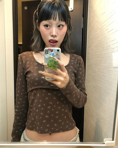 Henry Scooped Neck Flower Thermal Long T-Shirt