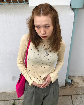 Boat neck polka dot ribbed long T-shirt
