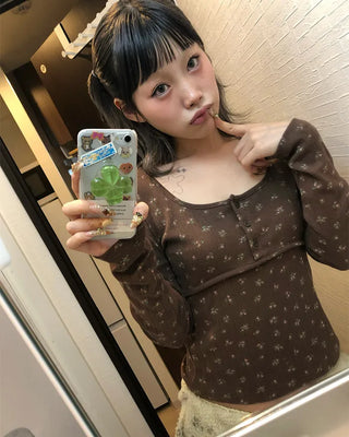 Henry Scooped Neck Flower Thermal Long T-Shirt