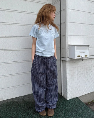 Elastic waistband checkered wide-leg pants