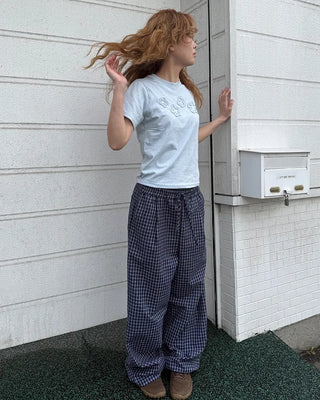 Elastic waistband checkered wide-leg pants