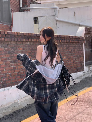 Loose-fit checked hooded shirt