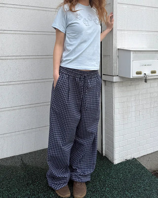 Elastic waistband checkered wide-leg pants