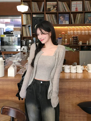 [2pcs] Sleeveless Cardigan Set