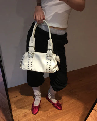 Double rivet belt leather tote bag
