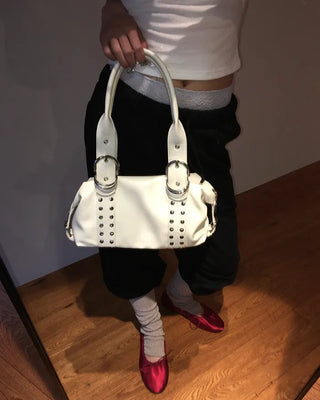 Double rivet belt leather tote bag