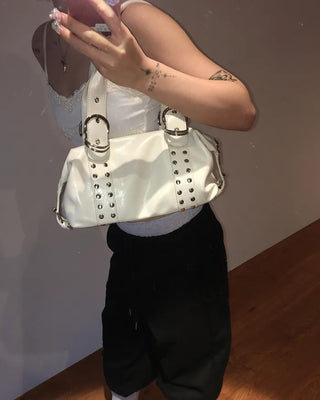 Double rivet belt leather tote bag
