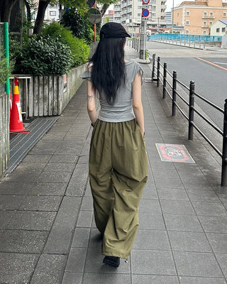 (Unisex) Nylon Wide-Leg Pants with Elastic Waistband