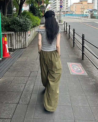 (Unisex) Nylon Wide-Leg Pants with Elastic Waistband