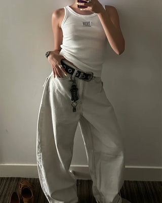 Button-back cinch flap balloon cotton pants