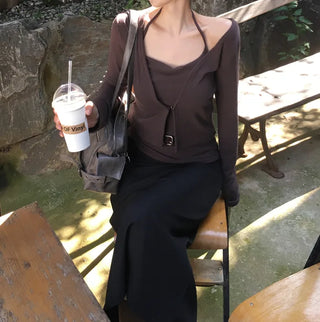 Slit elastic waist long skirt