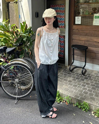 Striped button shirred camisole