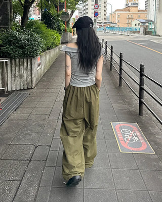 (Unisex) Nylon Wide-Leg Pants with Elastic Waistband