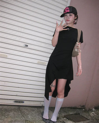 Waist Gathered Asymmetrical T-Shirt Dress