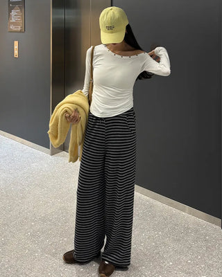 Striped elastic waist easy pants