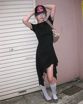 Waist Gathered Asymmetrical T-Shirt Dress