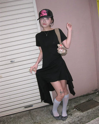 Waist Gathered Asymmetrical T-Shirt Dress