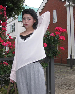 Lace Deep V-Neck Long Sleeve Cut and Sewn