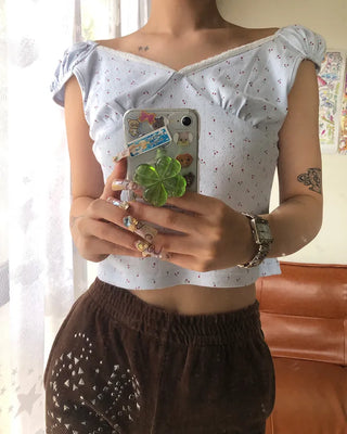 Mini Flower Cap Sleeve Semi-Cropped Top