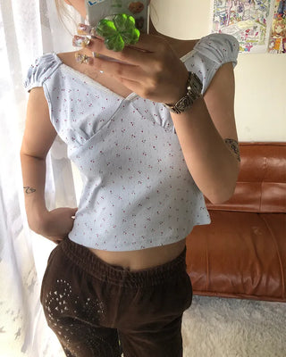 Mini Flower Cap Sleeve Semi-Cropped Top