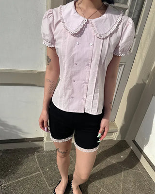 [6th Re-release] (ORIGINAL) Heart Button Lace Puff Blouse